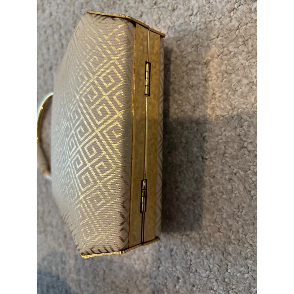 NWOT Bijoux Terner Evening Clutch Bag Small Gold‎ Cream Greek Key Formal Glam